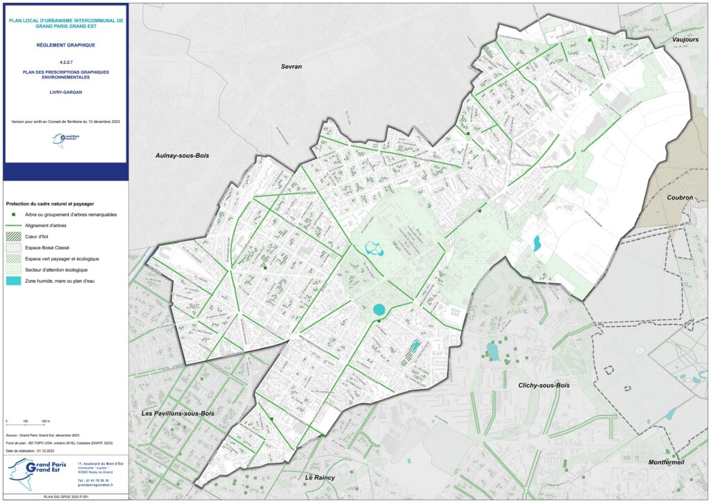 Carte des alignements d'arbres, des espaces boisés classés et des secteurs d'attention écologique à Livry-Gargan.