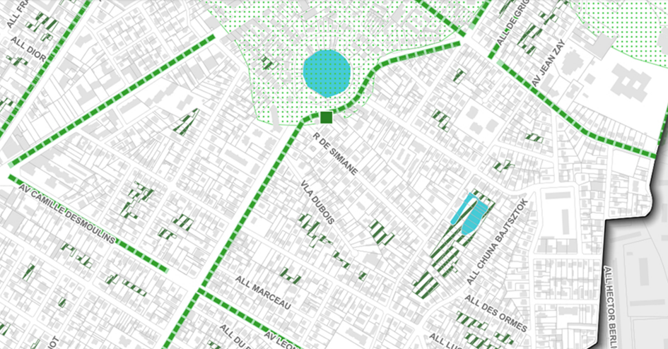 Extrait de carte du Plan Local d’Urbanisme Intercommunal (PLUi) de Livry-Gargan, montrant les prescriptions graphiques environnementales en vert. La parcelle du 75 boulevard Roger-Salengro, pourtant concernée par des enjeux de biodiversité, n’y figure pas comme un espace protégé.