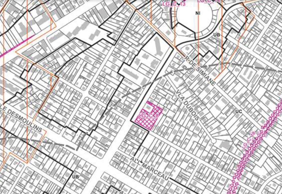 Plan extrait du zonage du PLUi de Livry-Gargan montrant les emplacements réservés en rose. La parcelle du 75 boulevard Roger-Salengro et ses environs sont identifiés comme des espaces destinés à des équipements publics, dans le cadre des projets urbanistiques de la commune.