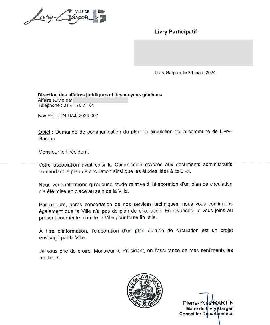 Lettre de la mairie de Livry-Gargan adressée à Livry Participatif le 29 mars 2024, informant que la ville n’a pas de plan de circulation ni d'études relatives à son élaboration, mais que la création d'un tel plan est envisagée.