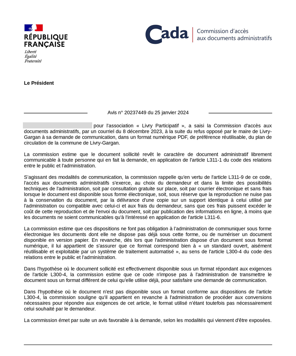 Avis de la Commission d’accès aux documents administratifs (CADA), daté du 25 janvier 2024, concernant la demande de Livry Participatif pour obtenir un plan de circulation en format numérique PDF, après un refus de la mairie de Livry-Gargan.