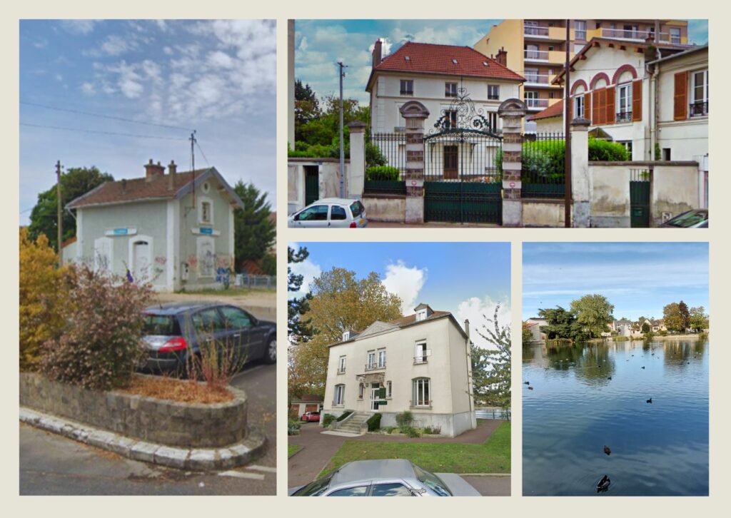 Montage photo représentant plusieurs éléments emblématiques du patrimoine de Livry-Gargan : le pavillon Dionnet, la gare de l’Abbaye, et le bâtiment des anciennes eaux thermales du Lac de Sévigné, témoins de l’histoire locale.