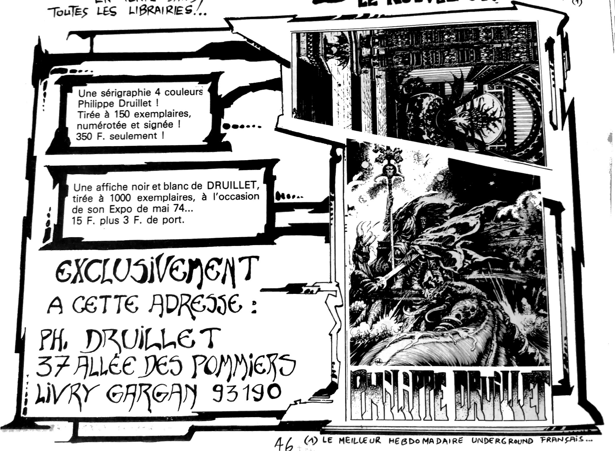 Reproduction d'une annonce de Philippe Druillet publiée dans L'Écho des Savanes avec mention d'une adresse allée des Pommiers à Livry-Gargan.