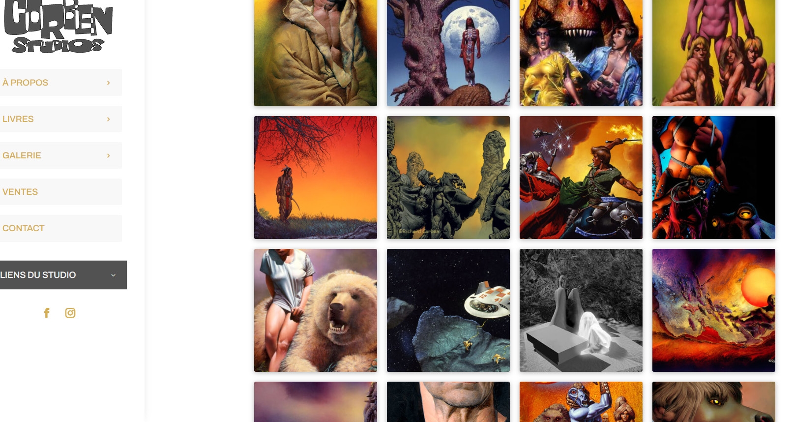 Capture d'écran de la page galerie du site officiel Corben Studios présentant plusieurs œuvres de Richard Corben.