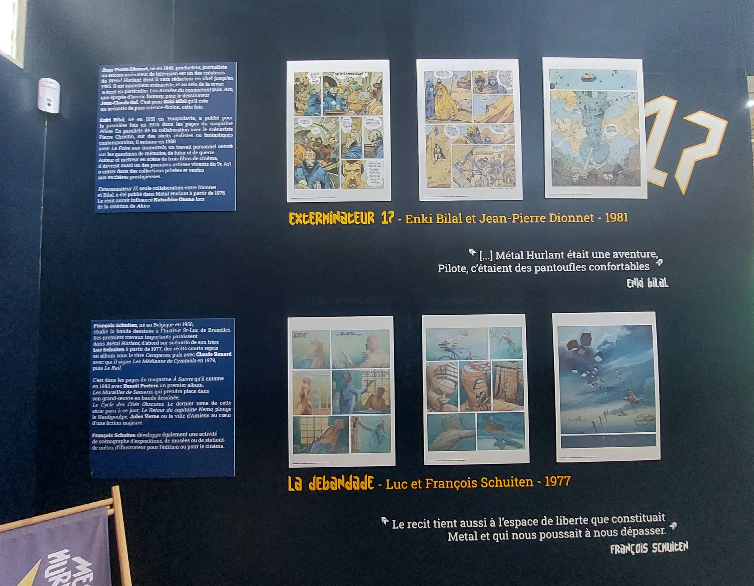 Panneau de l'exposition Métal Hurlant présentant des planches de Exterminateur 17 d'Enki Bilal et Jean-Pierre Dionnet ainsi que de La Débandade de Luc et François Schuiten, au Rendez-vous de la BD d'Amiens en 2025.